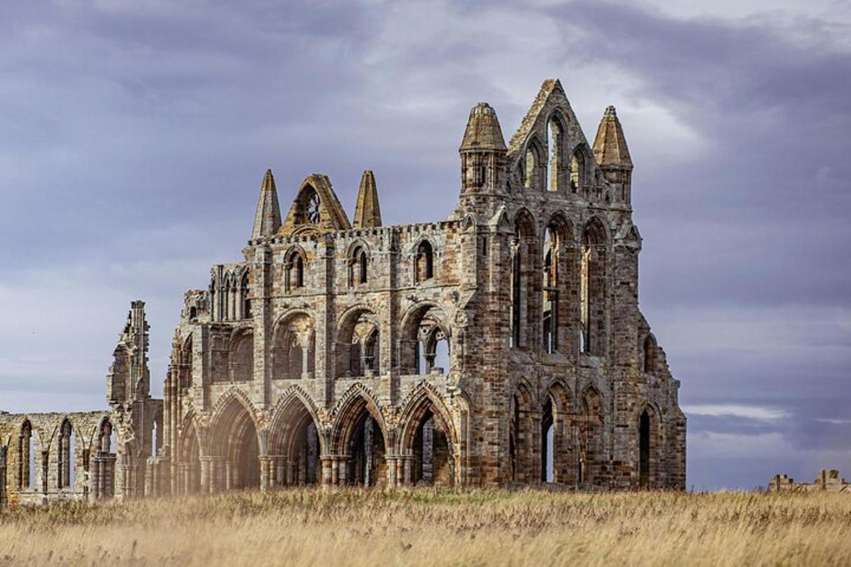 Un antiguo edificio de piedra en un campo de hierba.