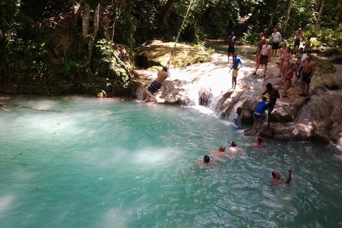 a group of people in a swimming pool next to a waterfall