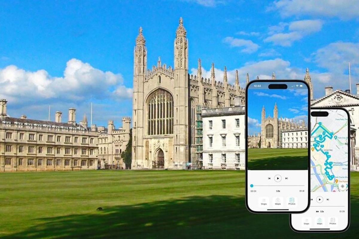 two cell phones in front of a large building