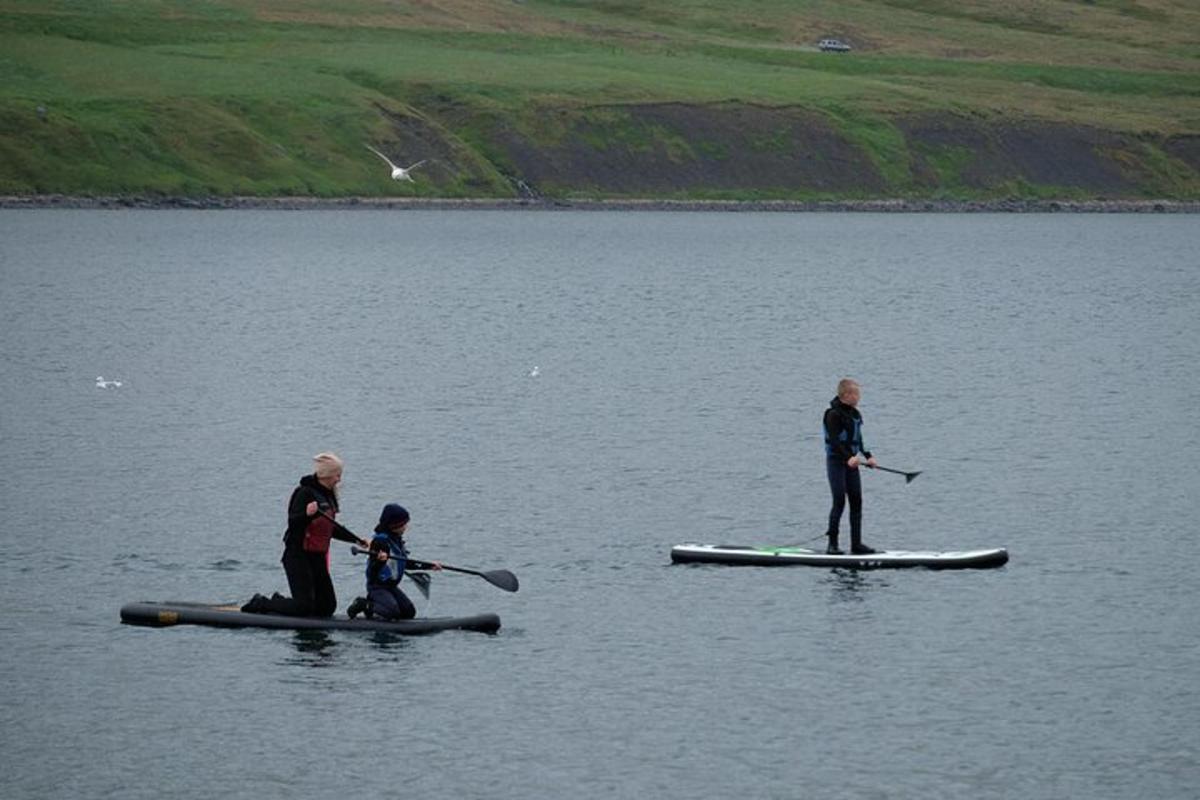 tatlong tao ang nakatayo sa mga paddle board sa tubig