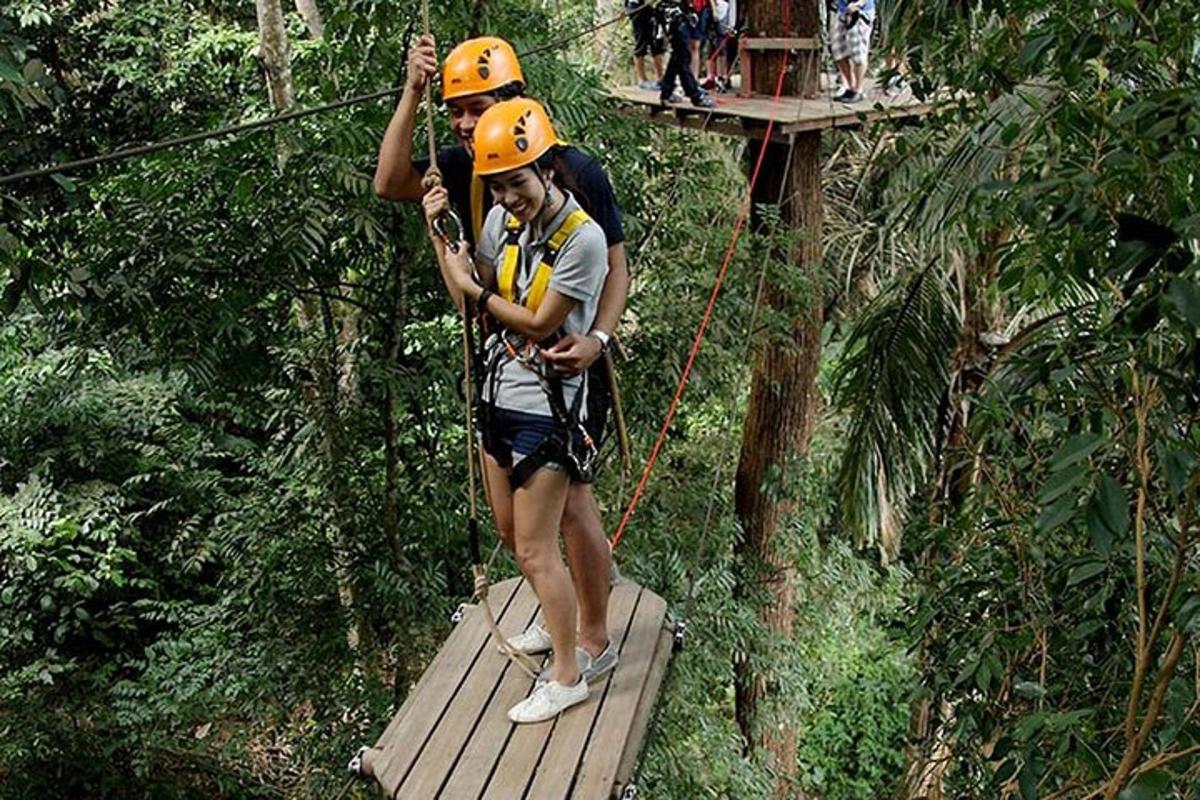 hai người trên đường trượt zipline trong rừng