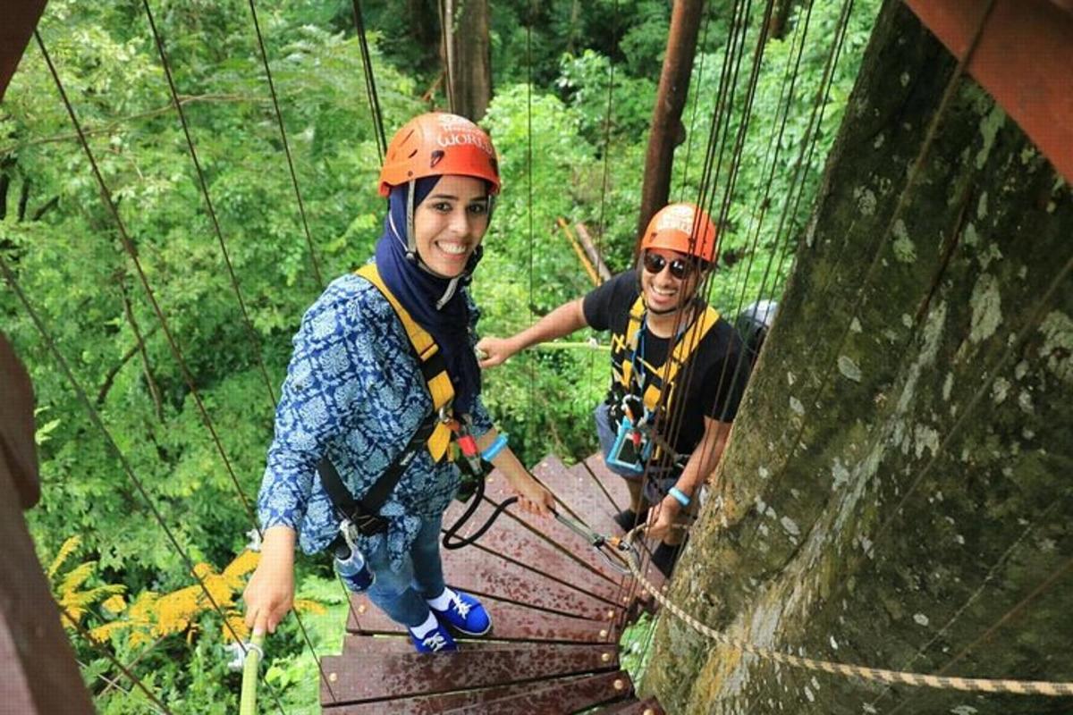 hai người đàn ông trên đường trượt zipline trong rừng
