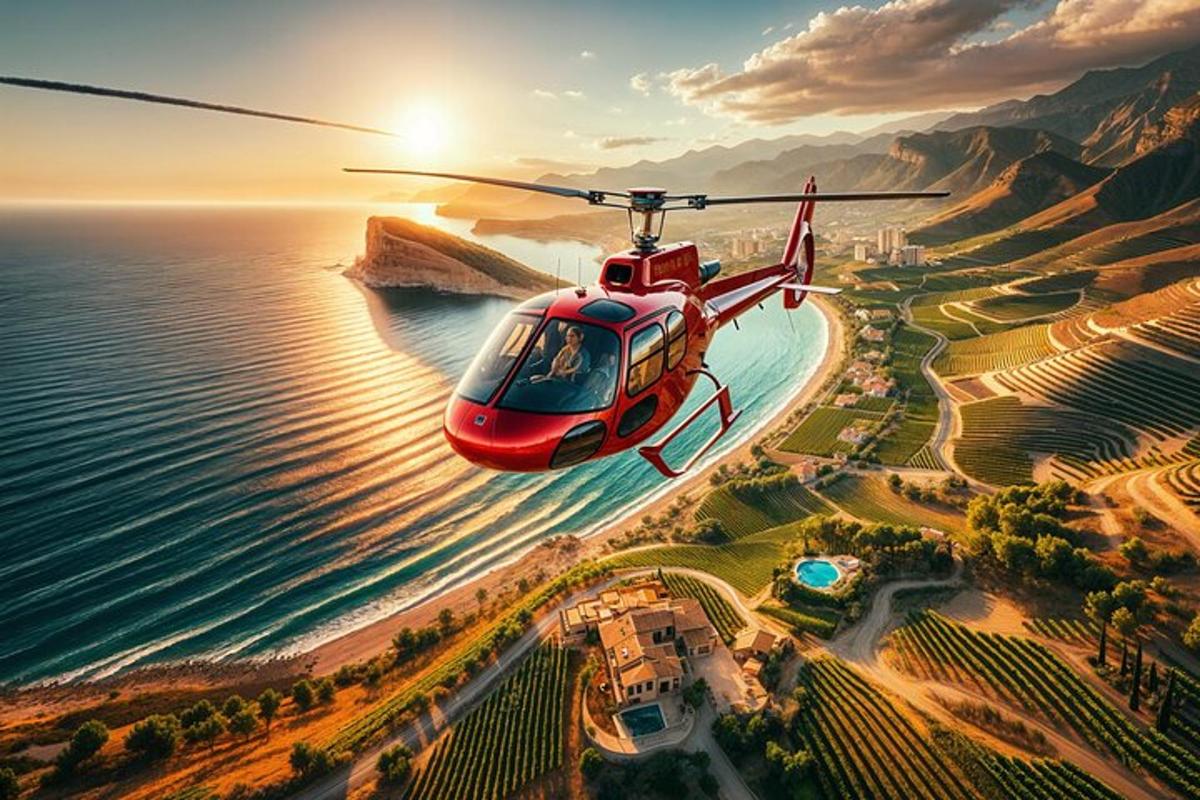 Egy piros helikopter repül az óceán felett a naplementével