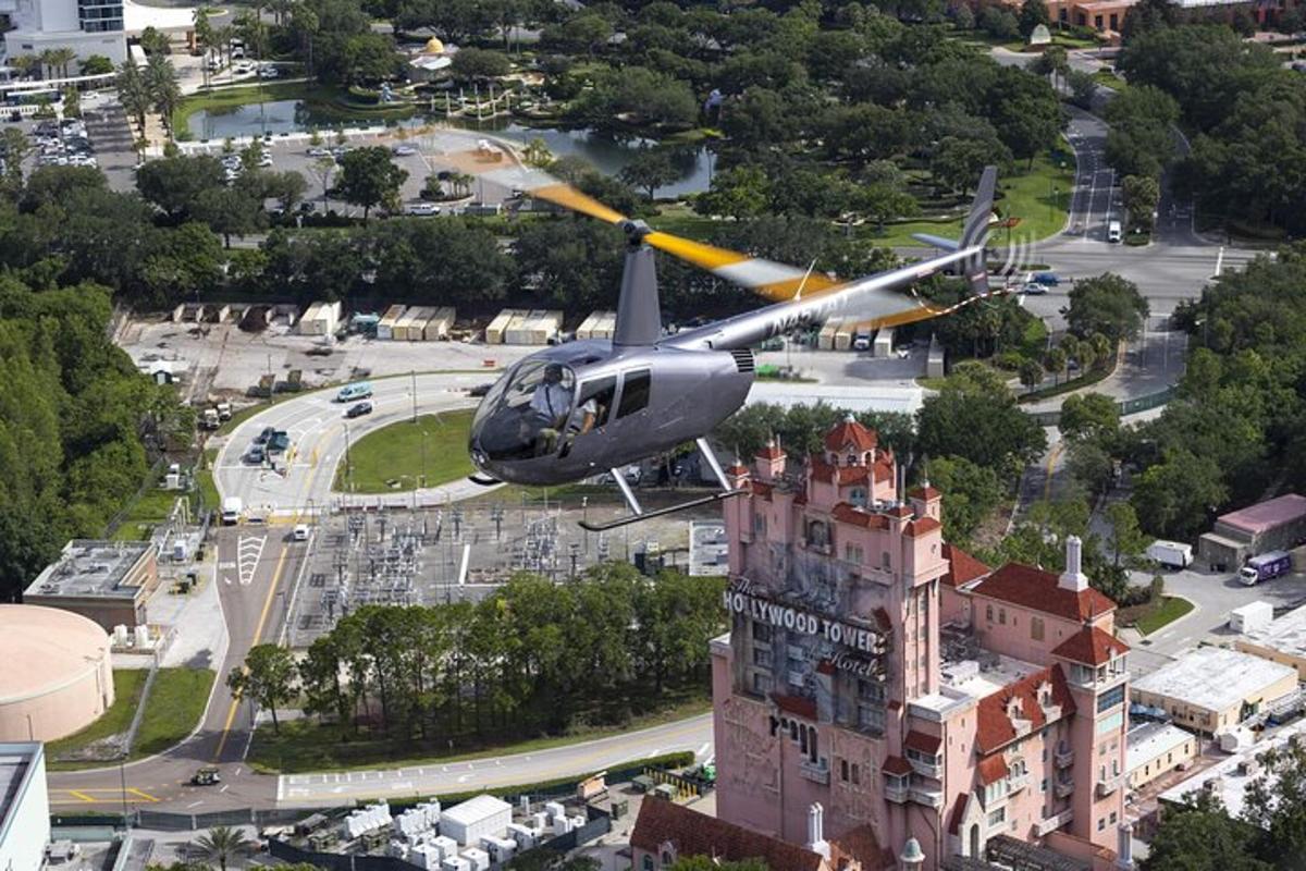 a helicopter is flying over a building