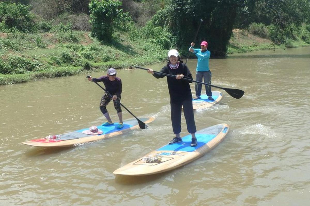 trei persoane sunt pe plăci de paddle pe un râu
