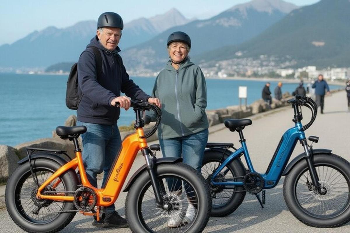 自転車の横に立っている男女