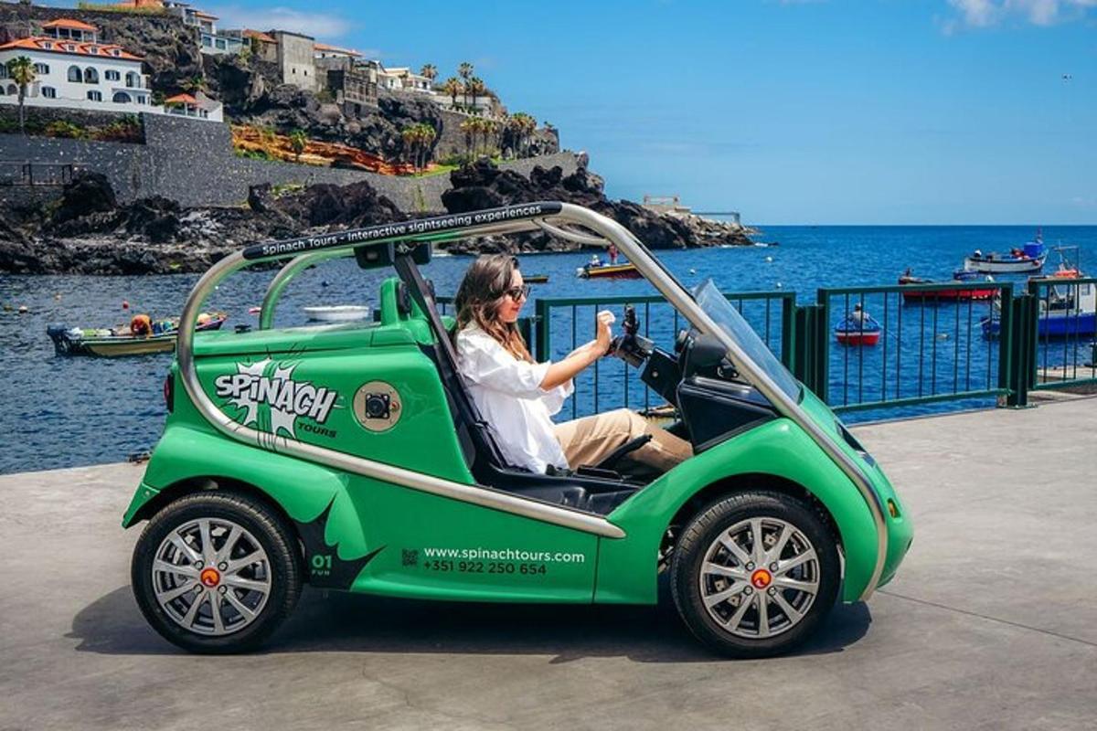 seorang pria duduk di mobil golf hijau