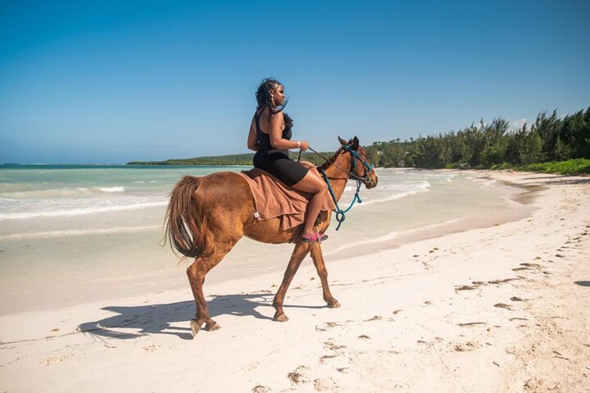 seorang wanita menunggang kuda di pantai