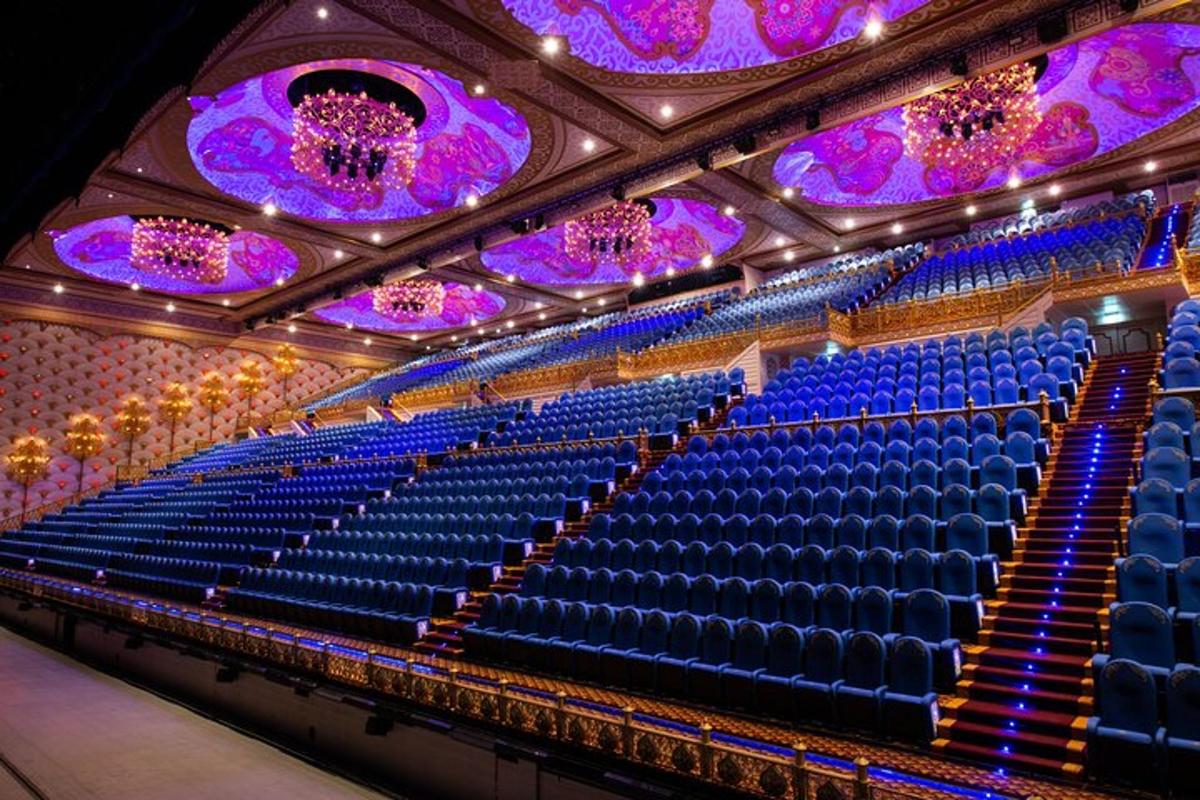 un grande auditorium con sedili blu e luci viola
