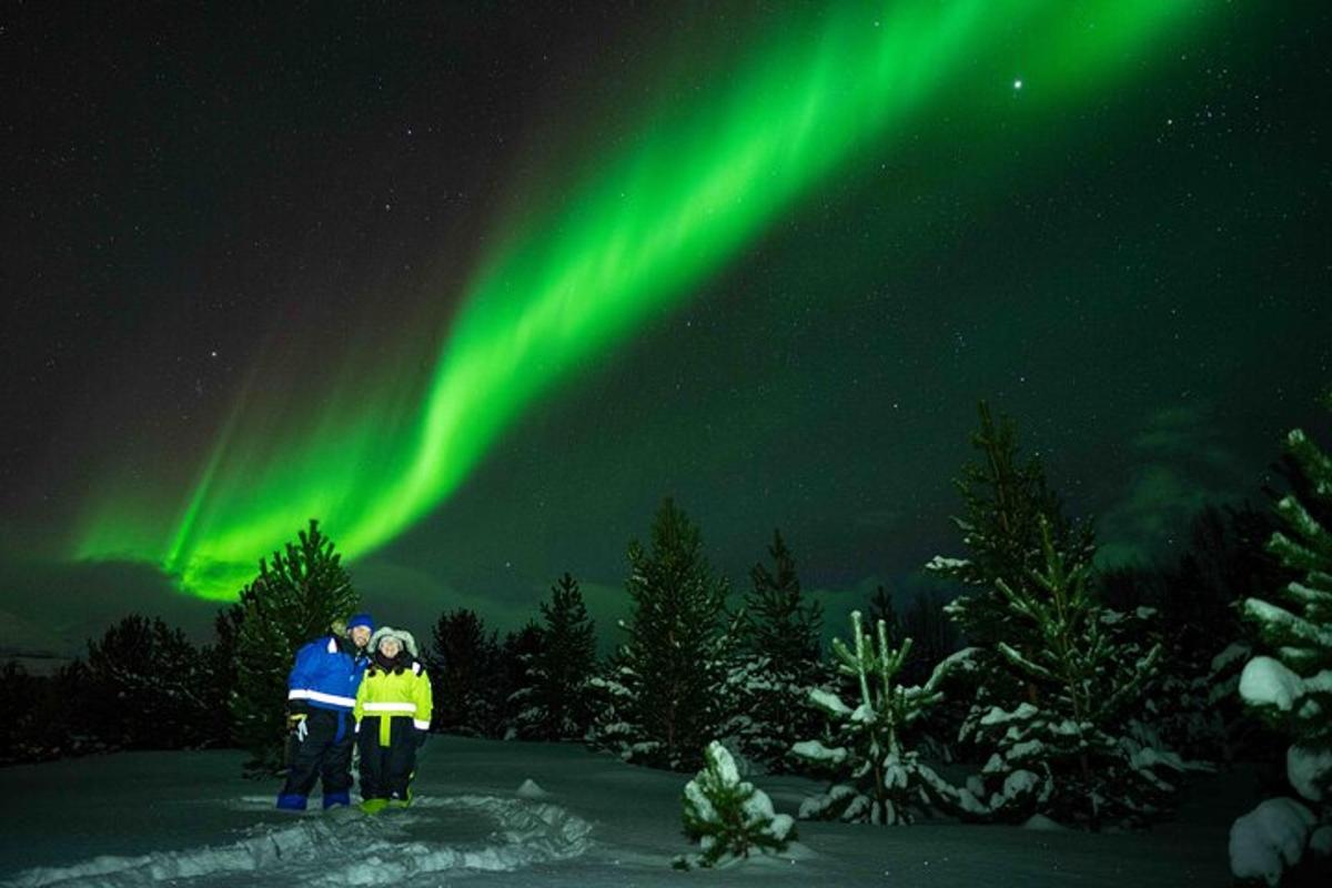 un gruppo di persone in piedi sotto l'aurora boreale