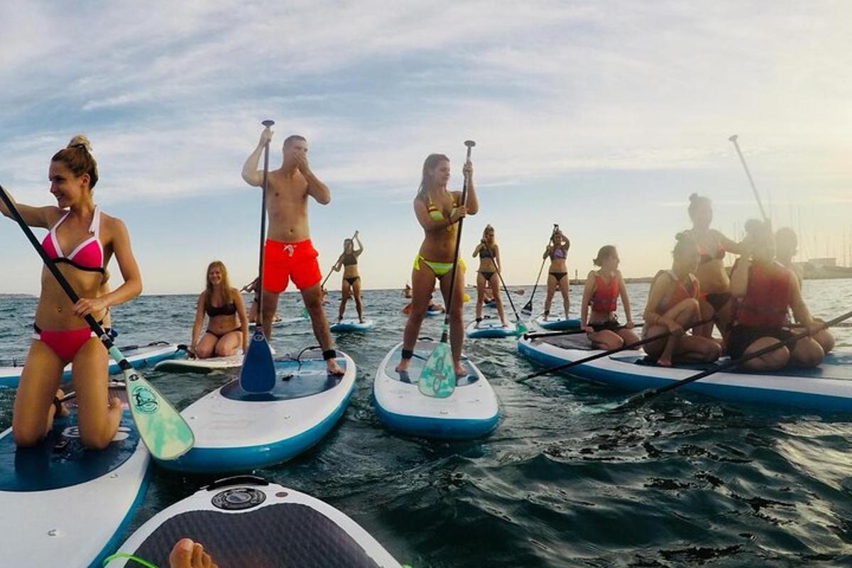 a group of people on paddle boards in the water