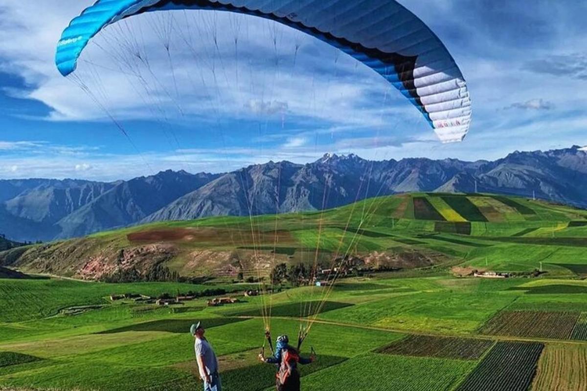duas pessoas empinando uma pipa sobre um campo verde