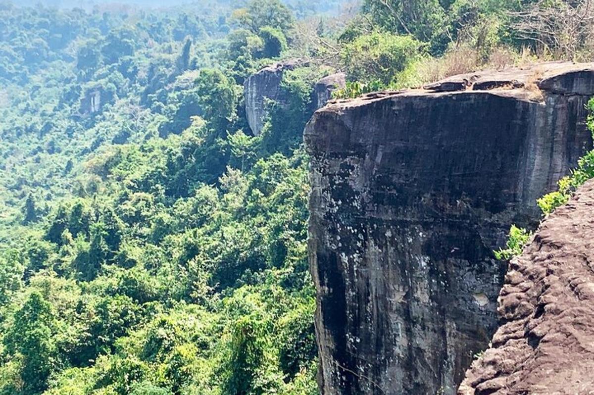 a view of a mountain cliff with a forest
