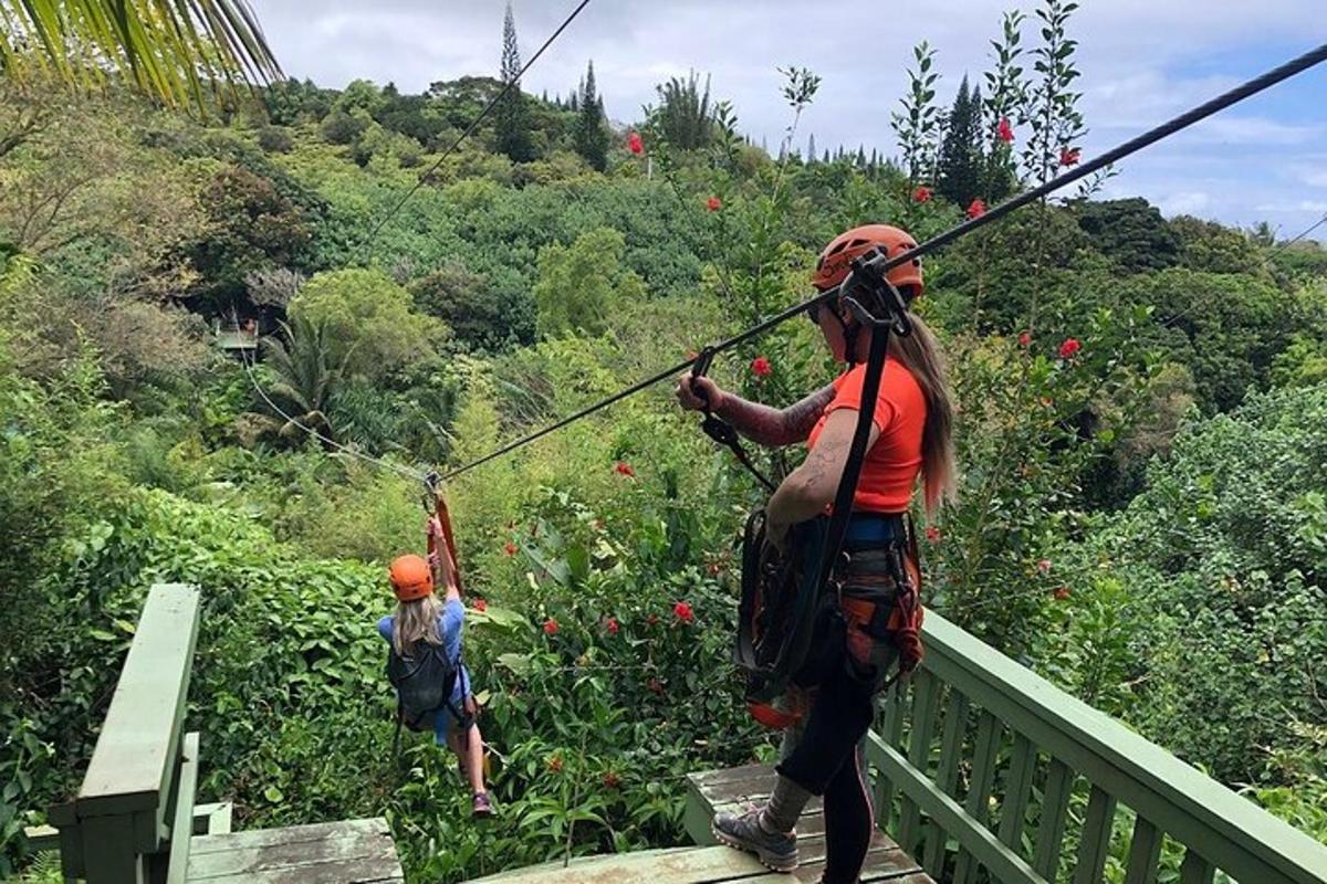 due persone su una teleferica sopra un ponte