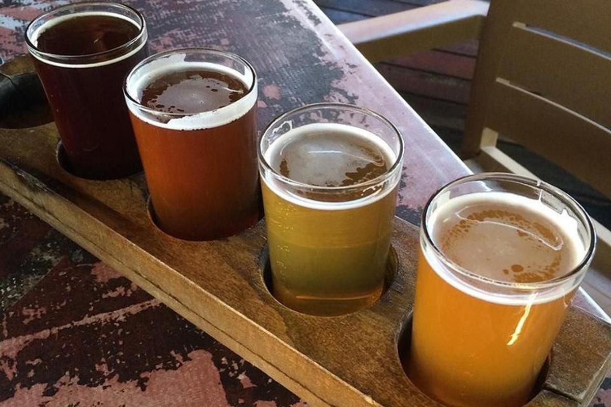 quattro diversi tipi di birra su un vassoio di legno