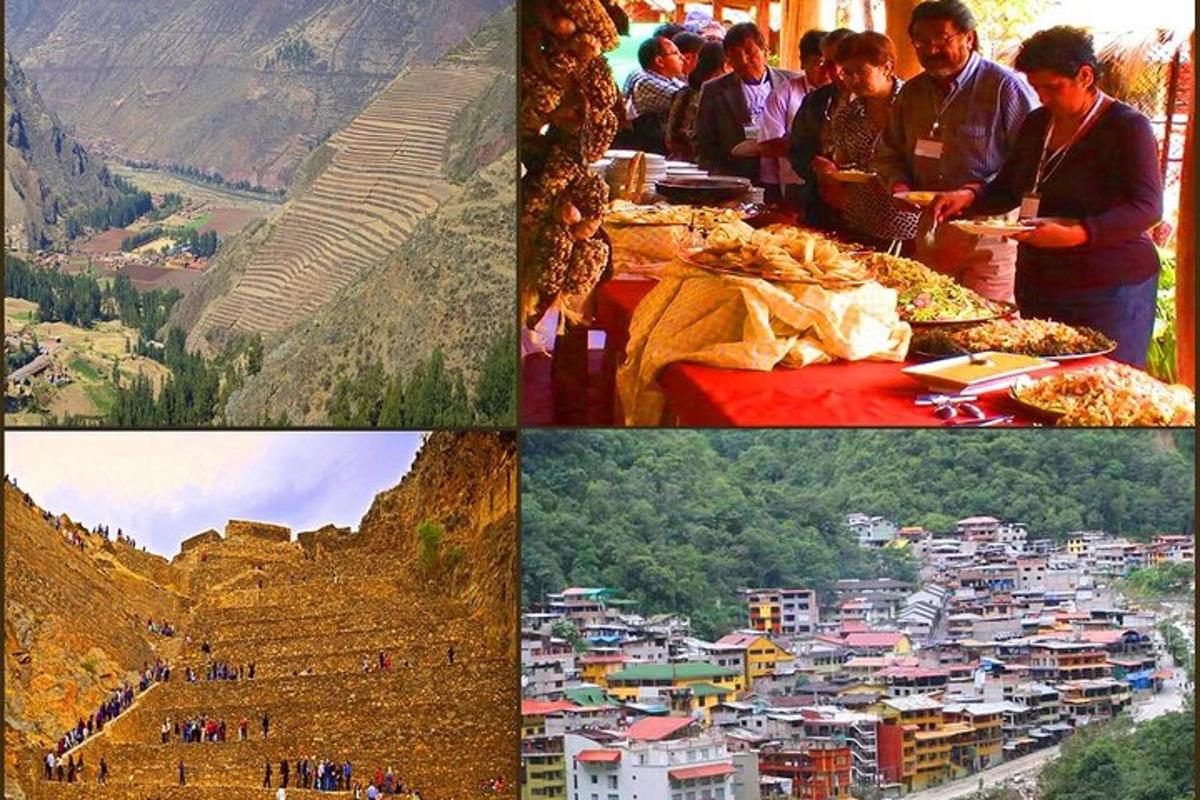 un collage di foto di persone che mangiano cibo e di una città
