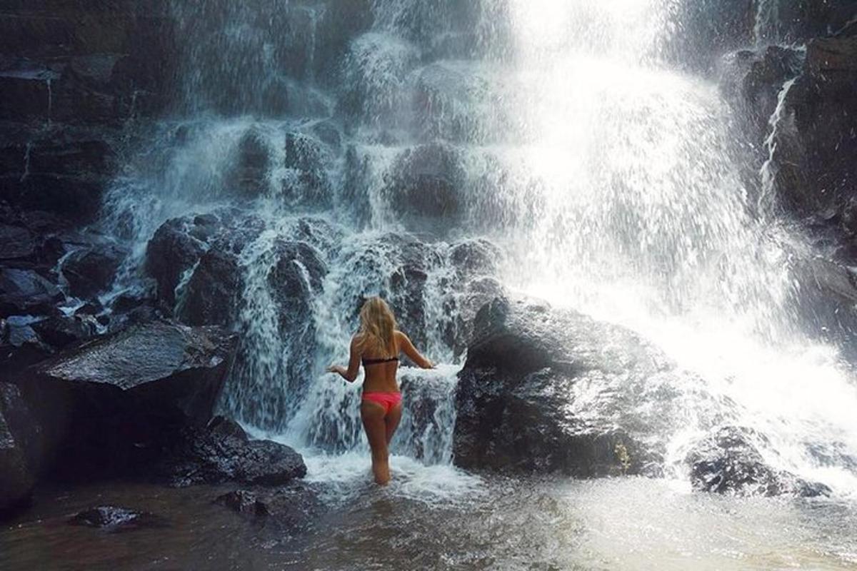 uma mulher parada em frente a uma cachoeira