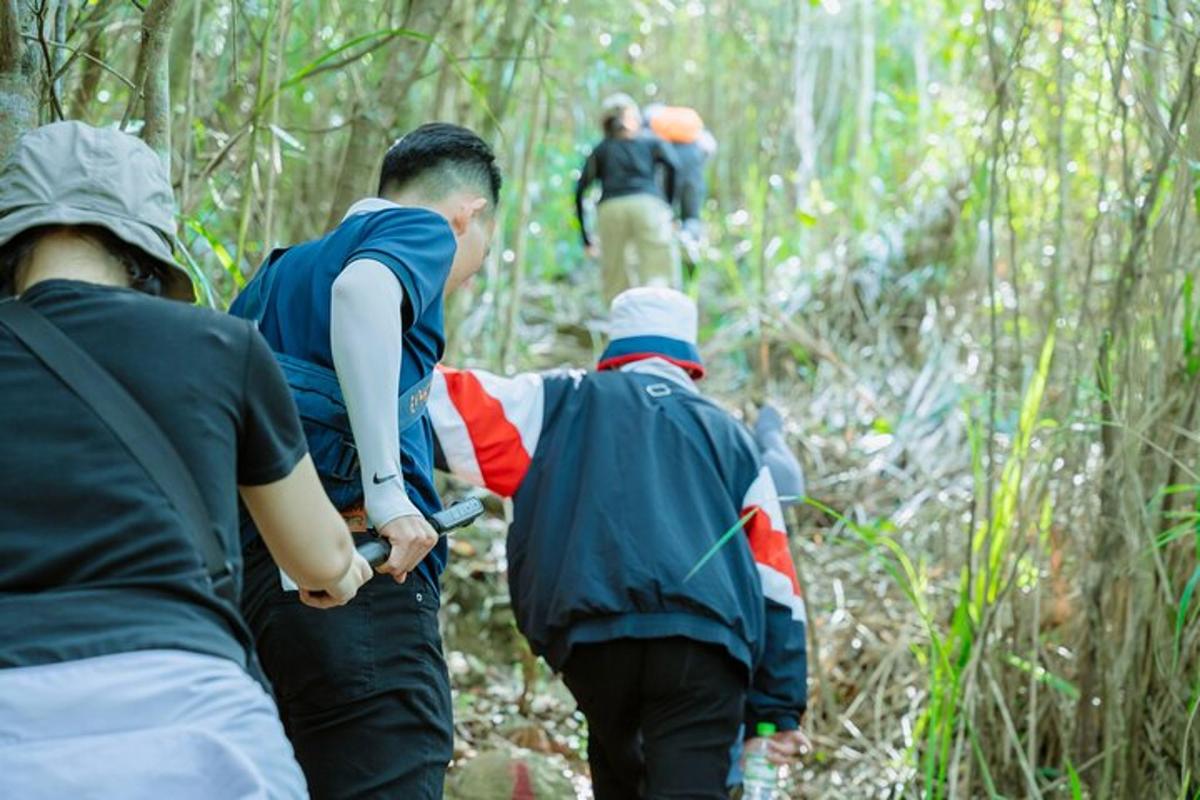 sekumpulan orang berjalan di atas denai di dalam hutan
