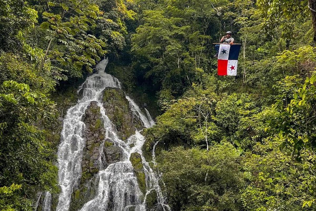 一名男子站在瀑布前的电梯上