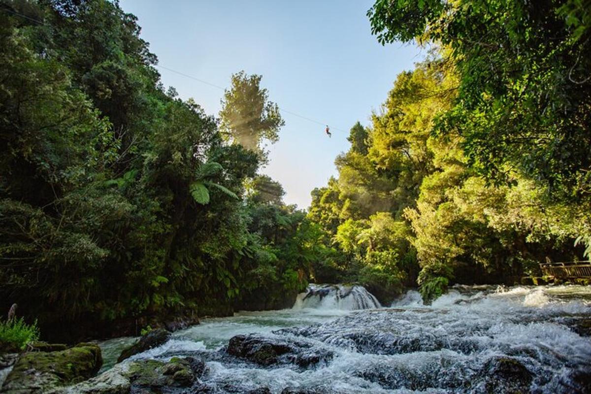 a waterfall in the middle of a river with trees
