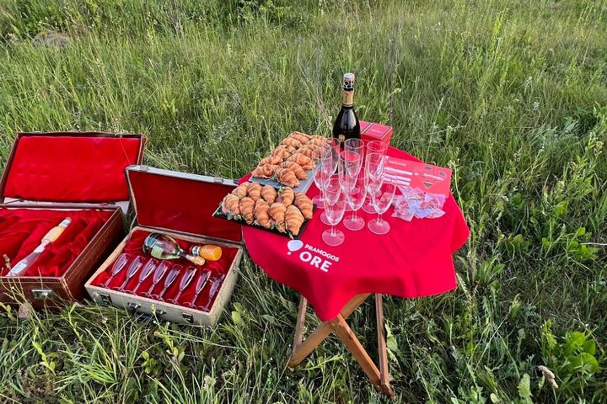un tavolo rosso con bicchieri, cibo e una bottiglia di vino