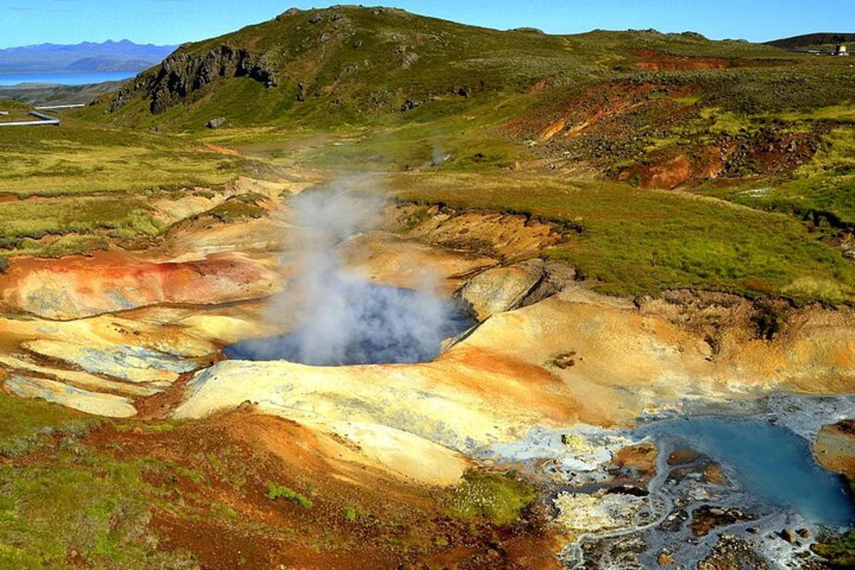 isang geyser sa gitna ng isang bukid na may bundok