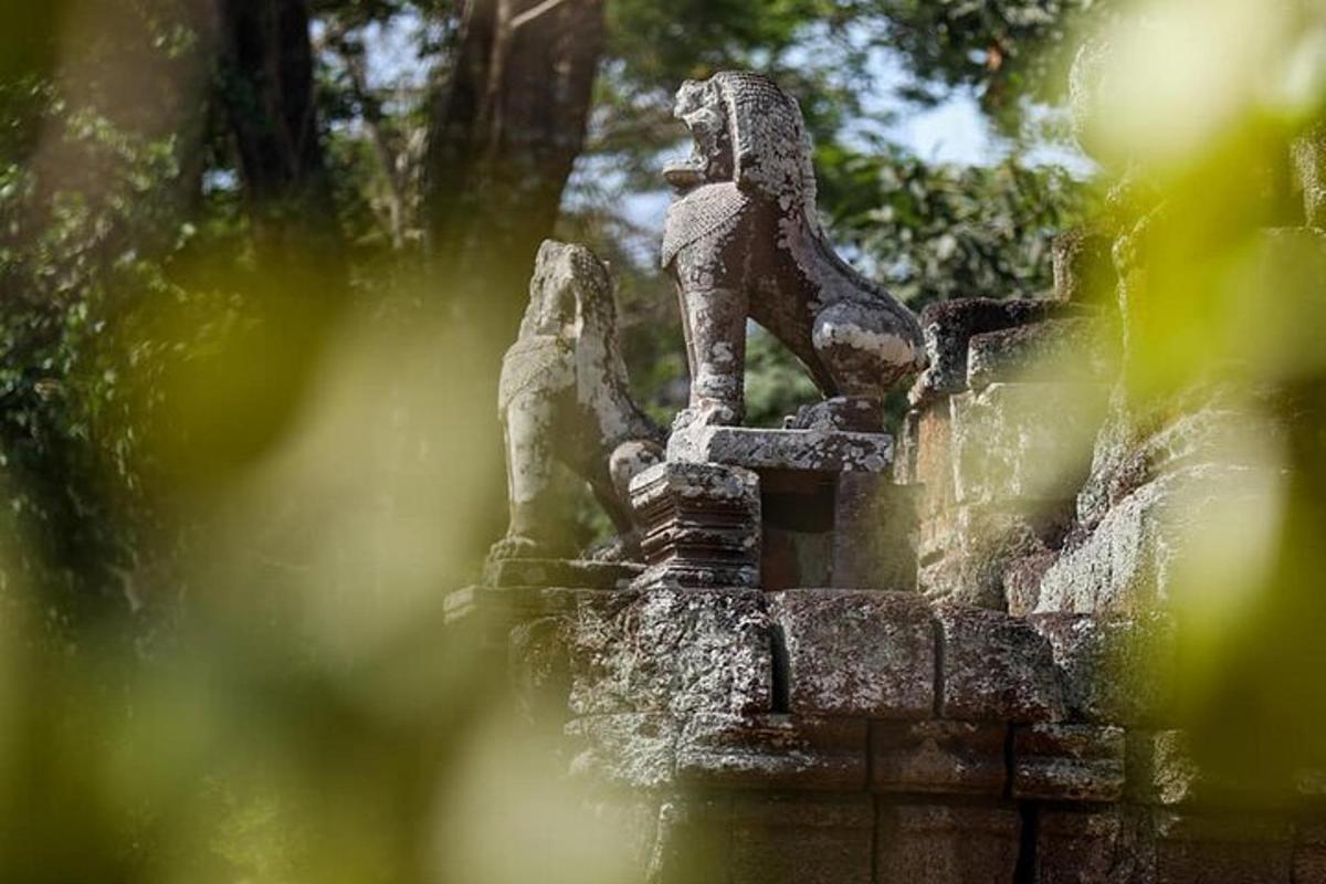 uma estátua de dois leões sentados no topo de uma fonte