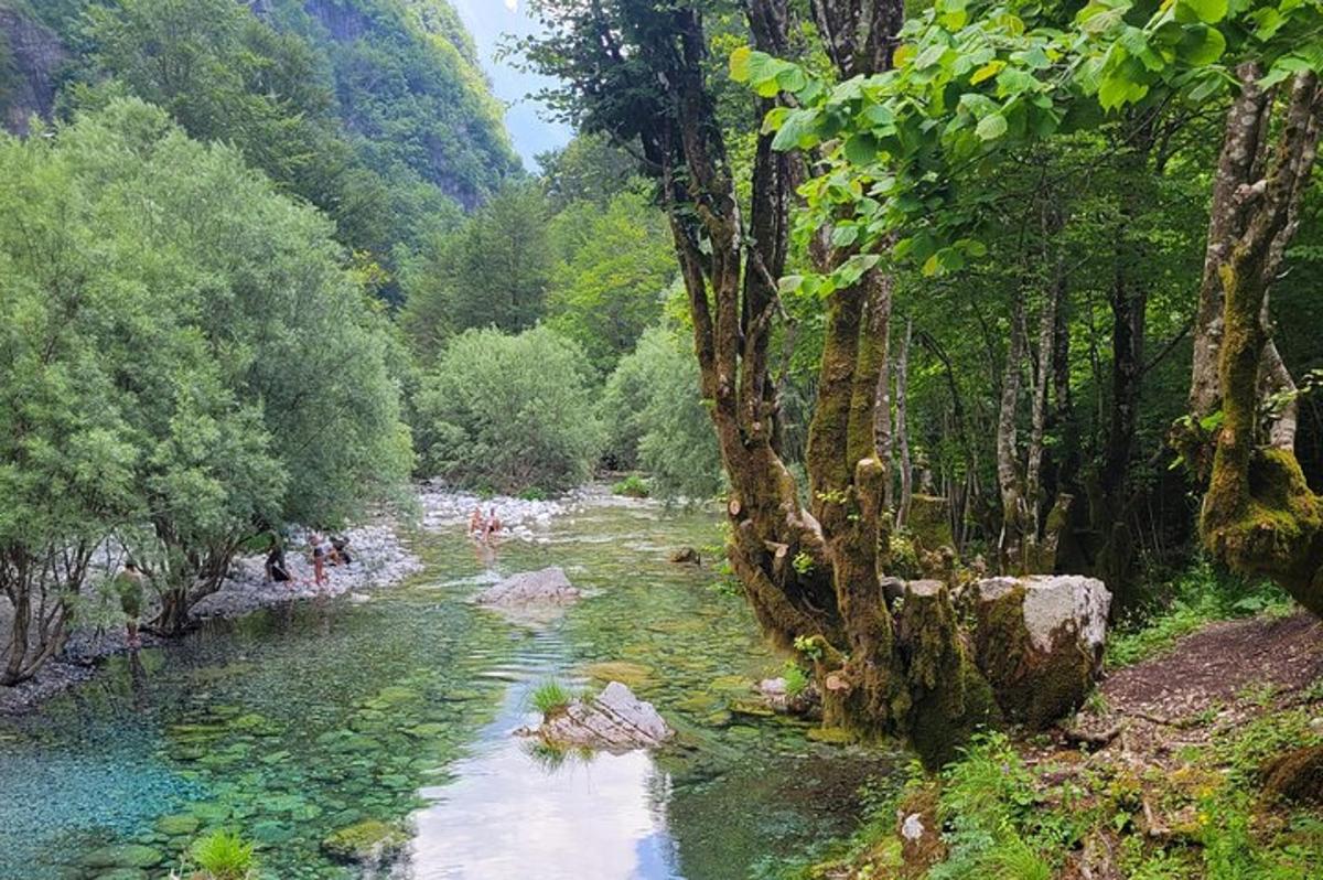 una pintura d'un riu amb gent a l'aigua