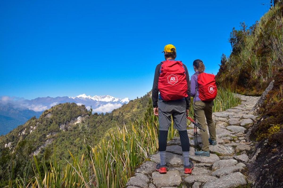 dua orang dengan ransel berdiri di jalur pegunungan