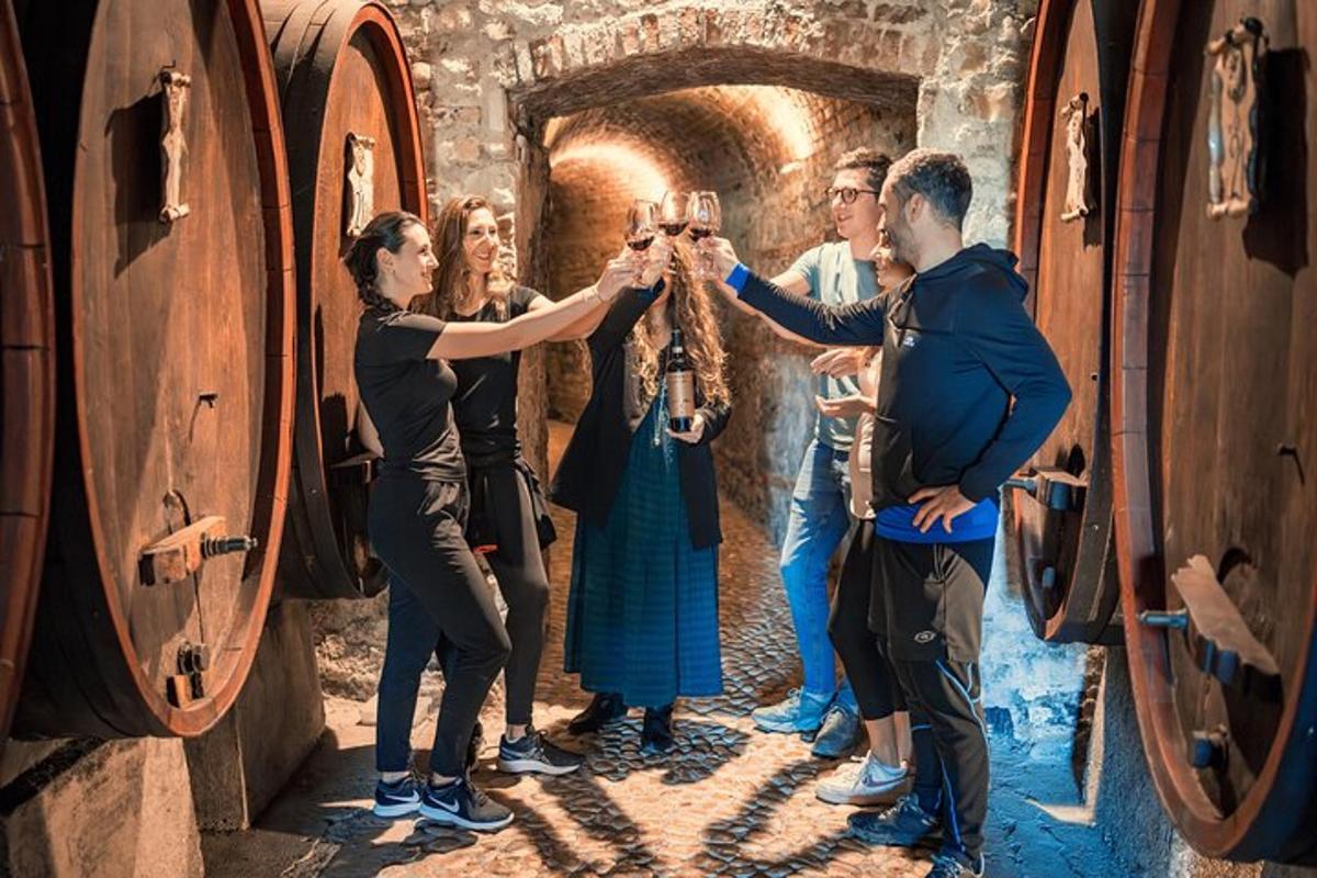 un gruppo di persone che scattano una foto in una cantina vinicola
