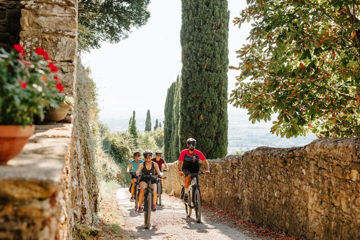 a group of people riding bikes down a road