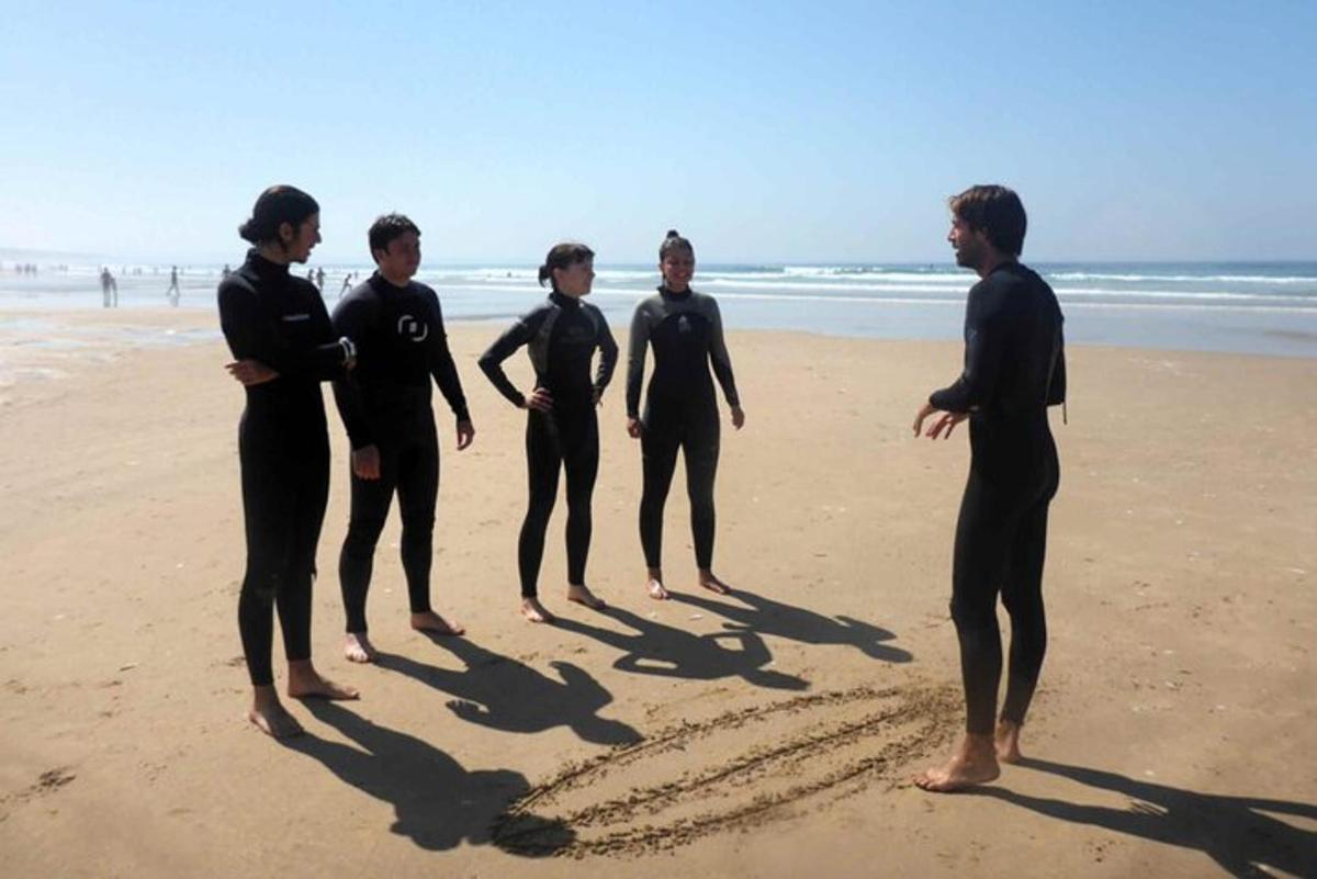 un gruppo di persone in muta in piedi su una spiaggia