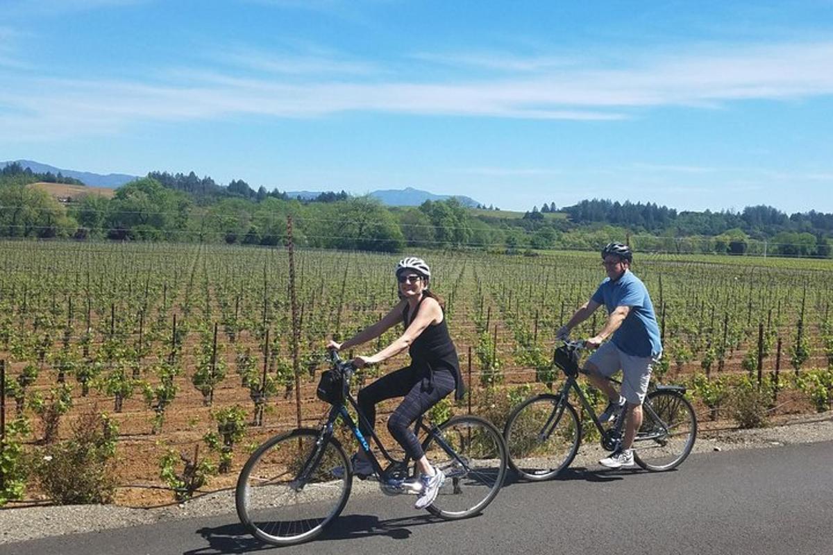 Dos personas andando en bicicleta por una carretera al lado de un campo.