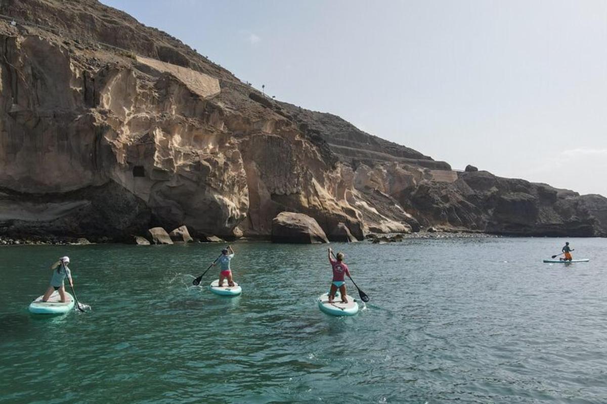 שלושה אנשים גולשים על סאפ (paddleboarding) על גוף מים
