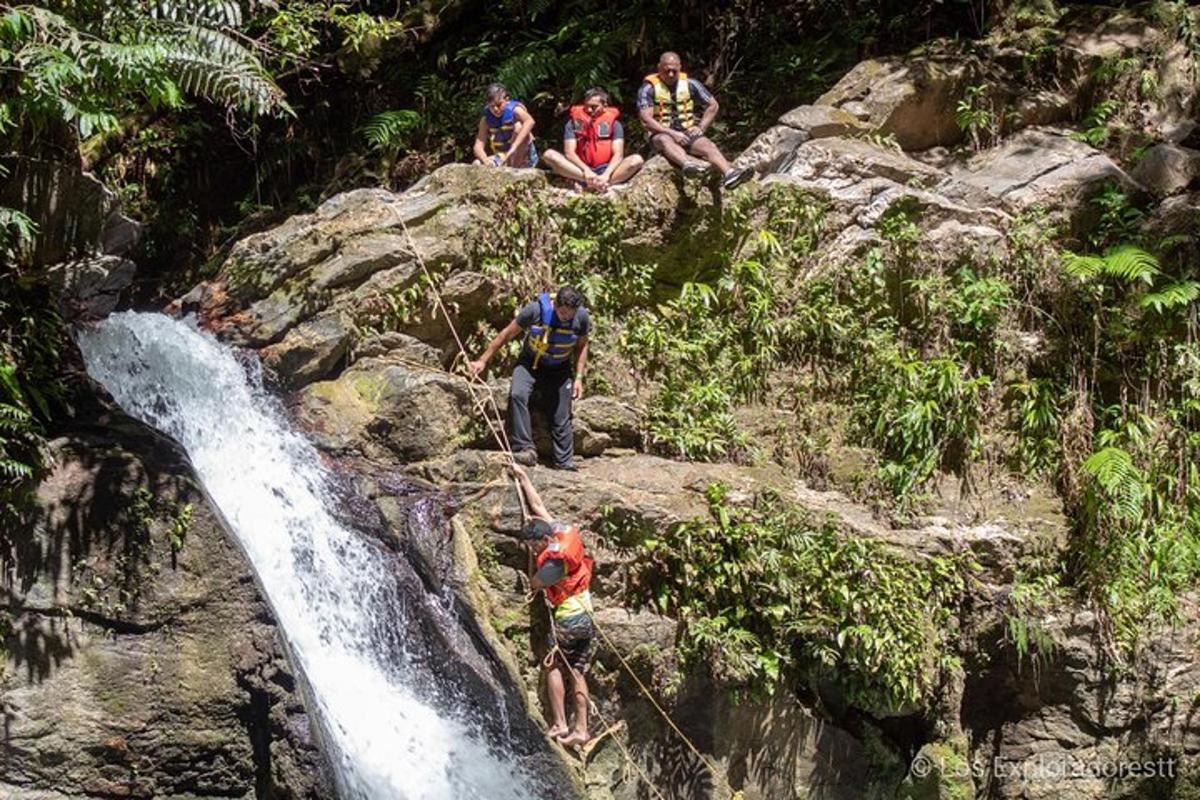 a group of people are on a waterfall