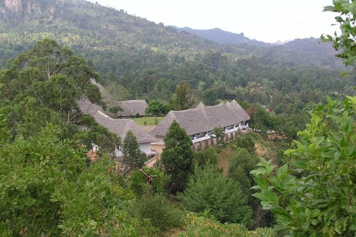 uma vista aérea de uma casa no meio de uma montanha
