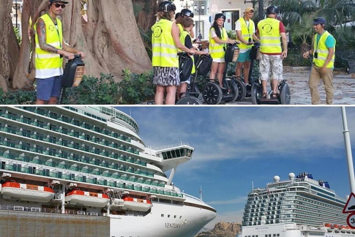 Eine Gruppe von Menschen in gelben Westen steht neben einem Kreuzfahrtschiff