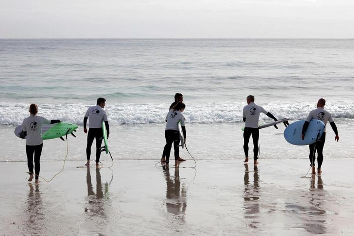 um grupo de pessoas em pé na praia com pranchas de surfe
