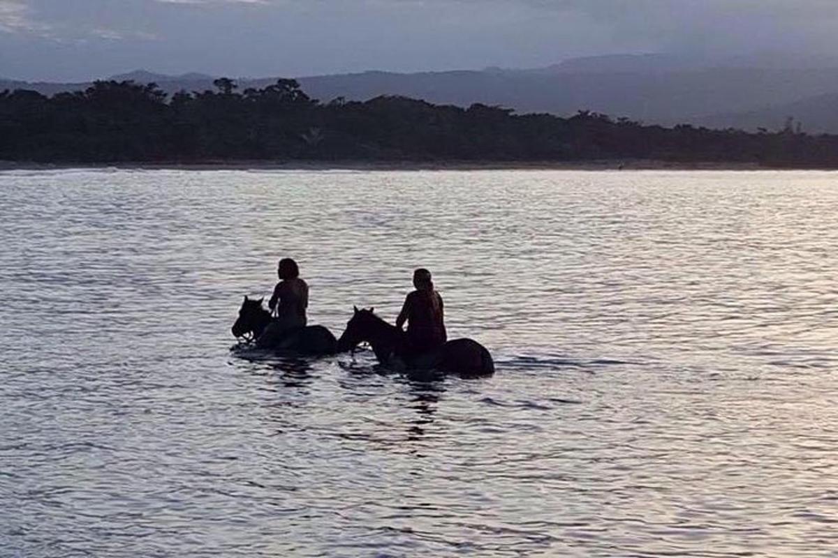 due persone a cavallo in uno specchio d'acqua