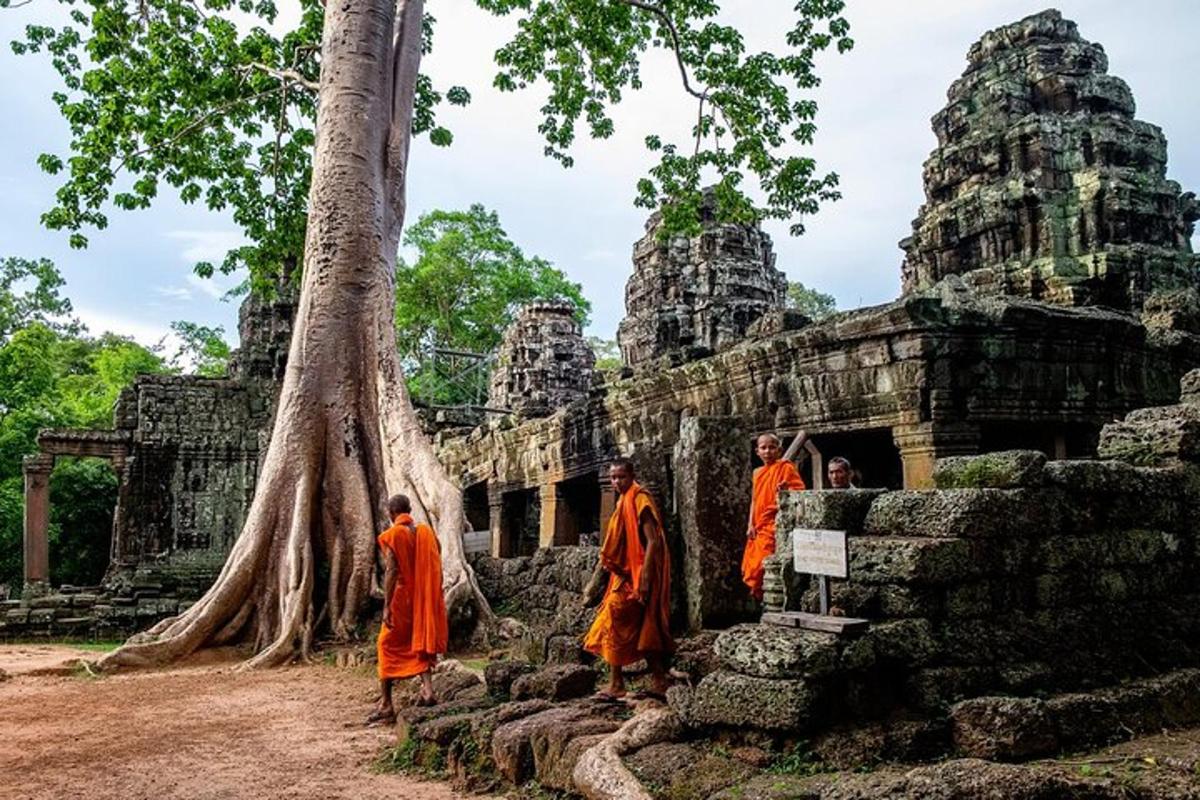 kolm munka seisavad templi ees, millel on puu