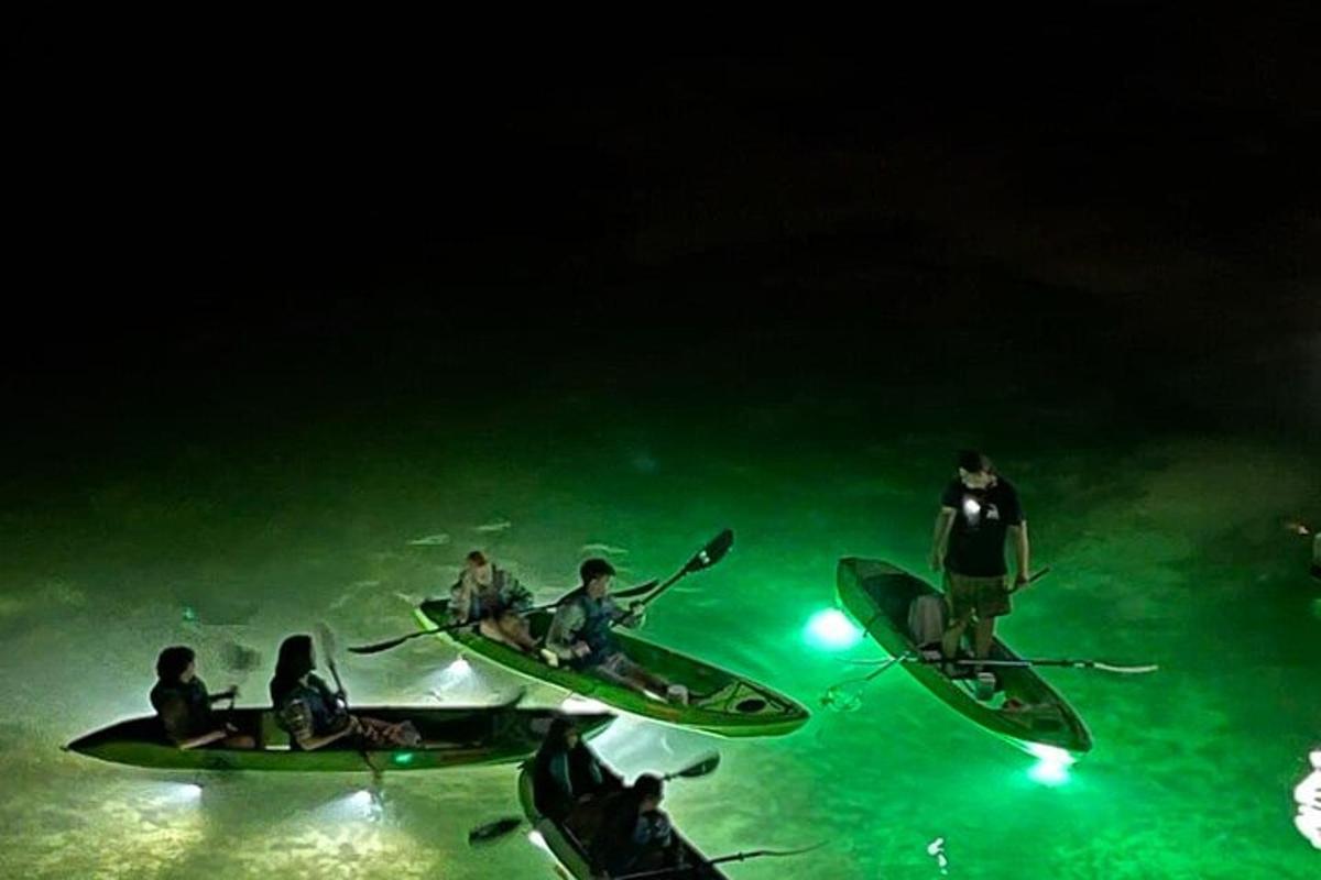 un gruppo di persone sui kayak in acqua di notte