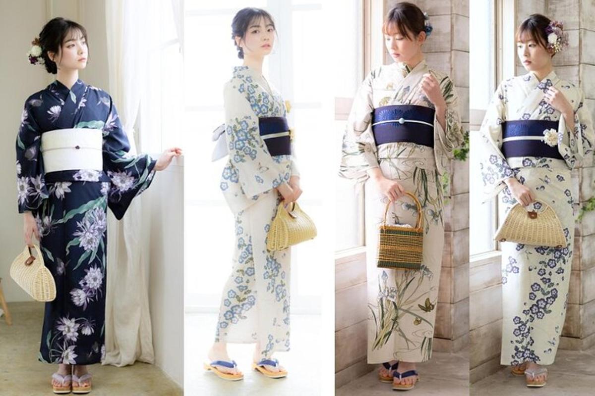 trei imagini cu o femeie purtând un kimono
