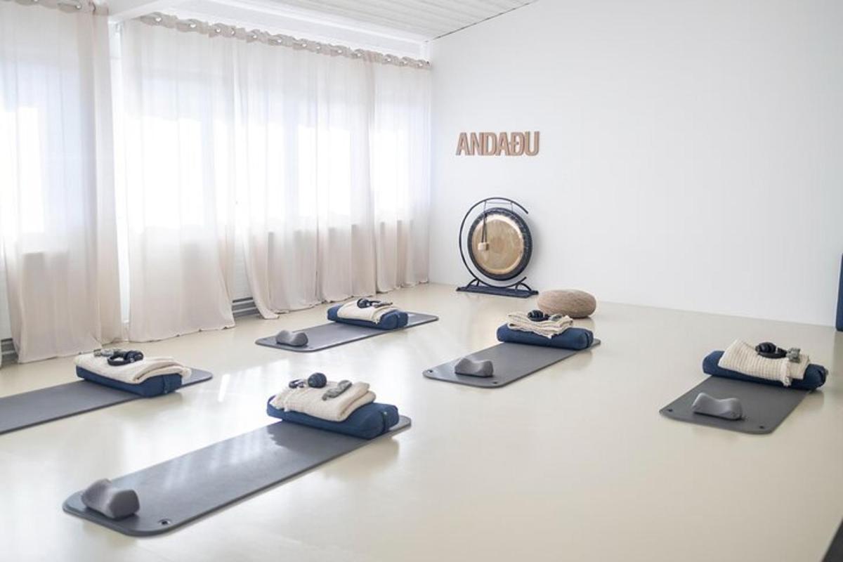 una stanza con un gruppo di tappetini da pilates e uno specchio