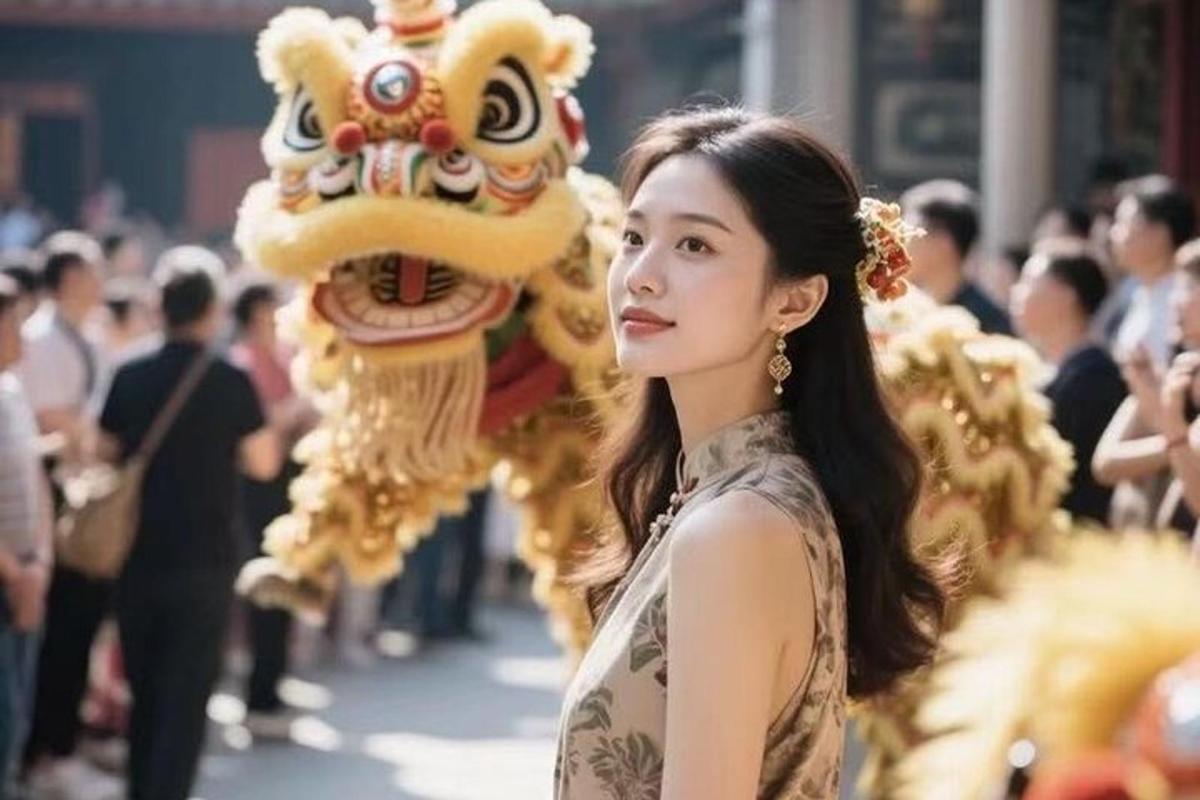 一位女士站在一条中国龙前