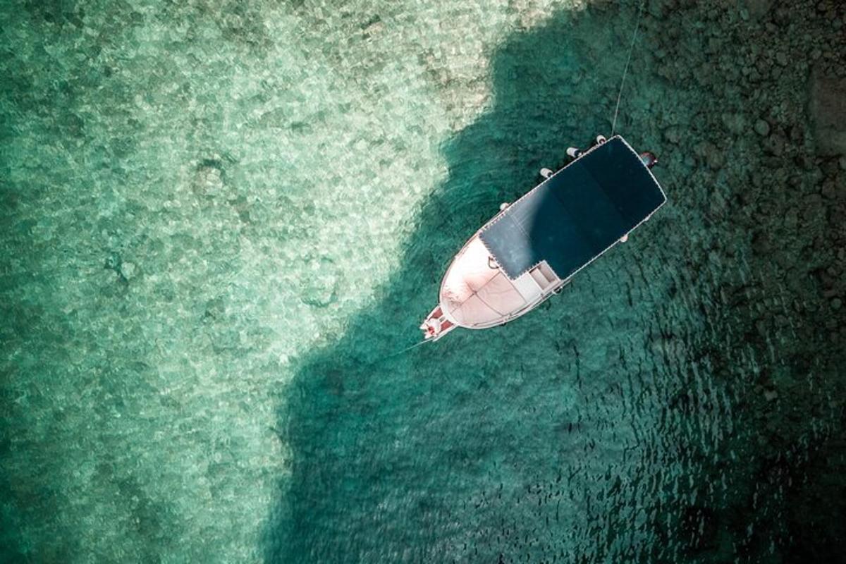 an aerial view of a boat in the water