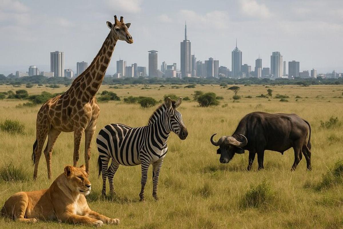 un grup de girafes i una zebra en un camp