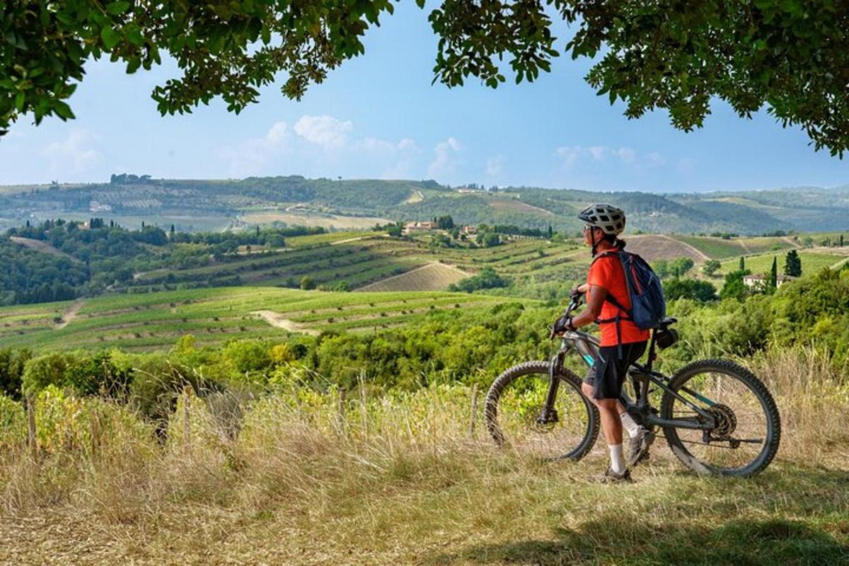 un uomo in piedi con una bicicletta su una collina
