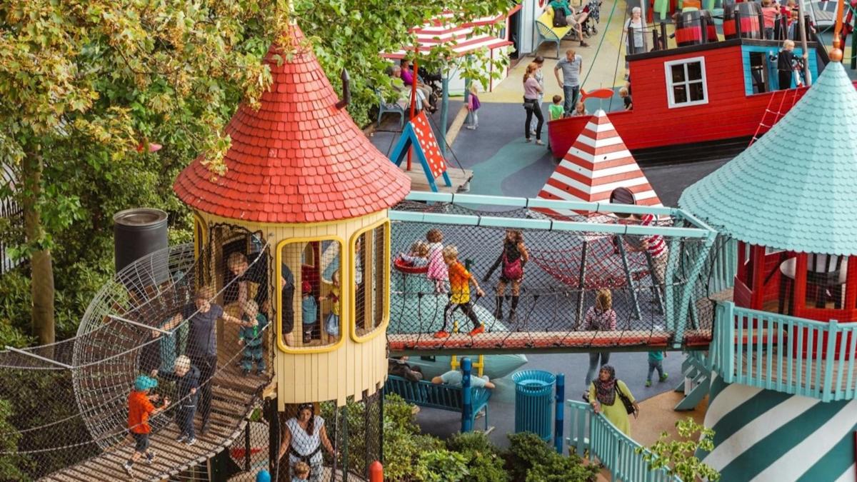 an overhead view of a playground with people on it