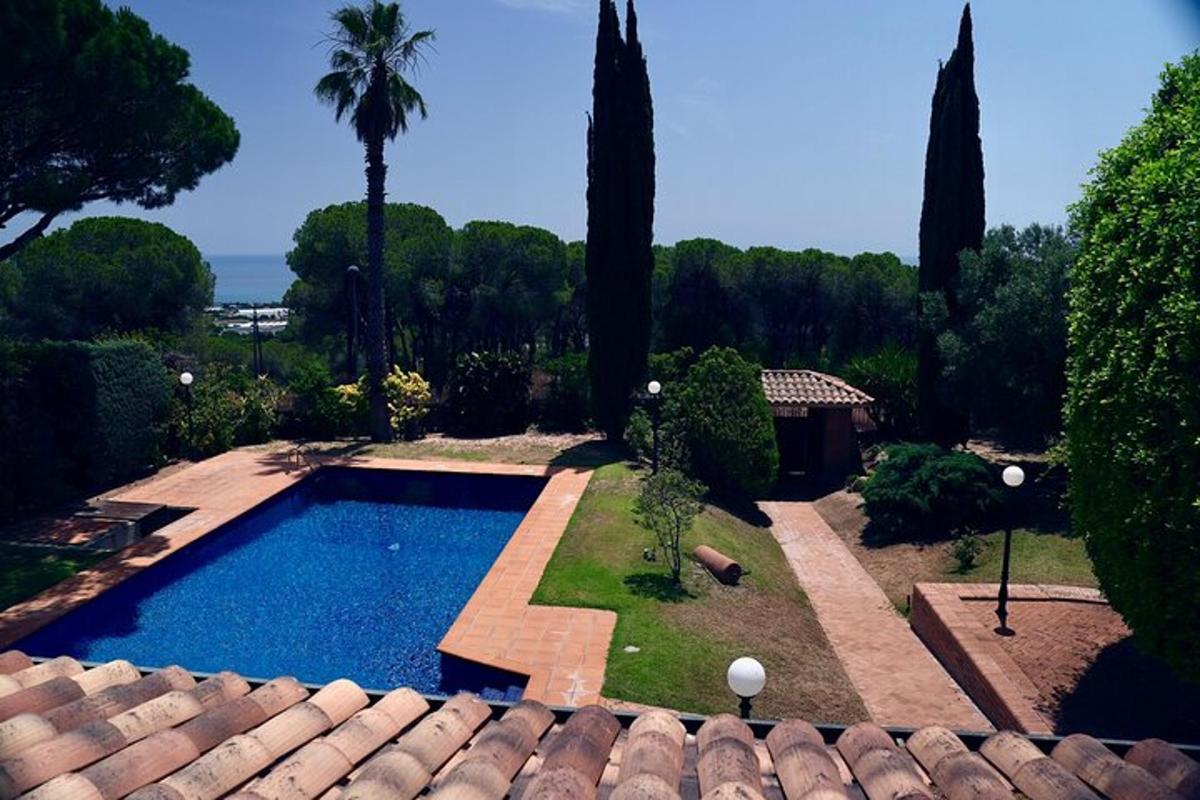 a swimming pool in a yard with palm trees