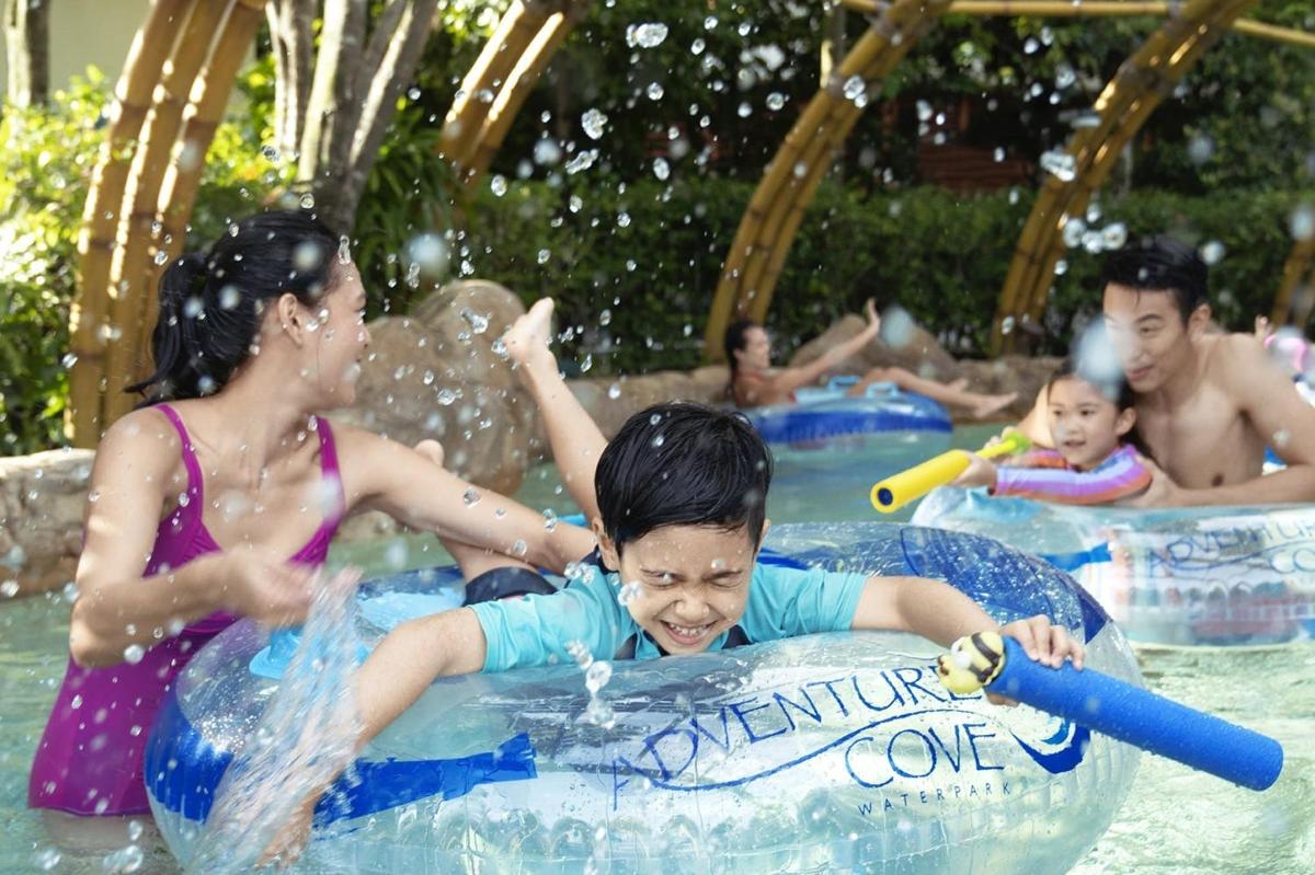 a group of people in a pool at a water park